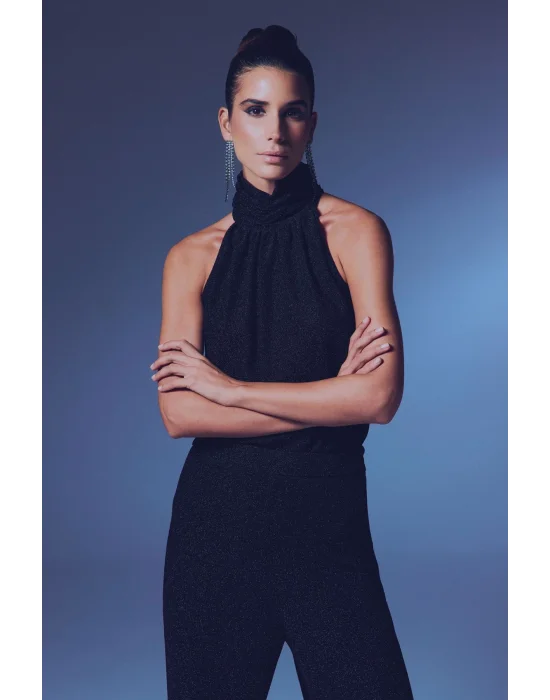 Kolsuz Parlak Bluz - SİYAH