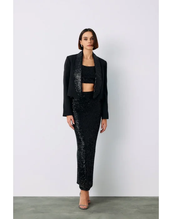 Pul Payetli Midi Etek - SİYAH