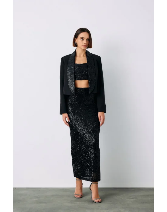 Pul Payetli Midi Etek - SİYAH