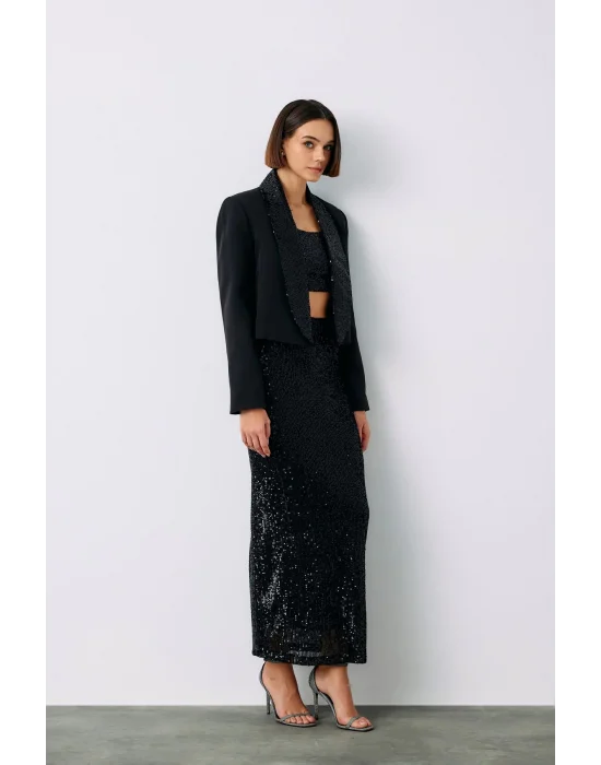 Pul Payetli Midi Etek - SİYAH