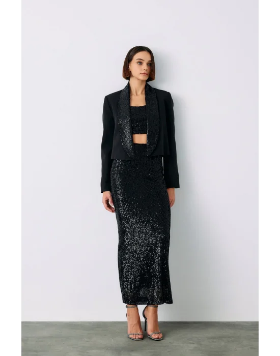 Pul Payetli Midi Etek - SİYAH