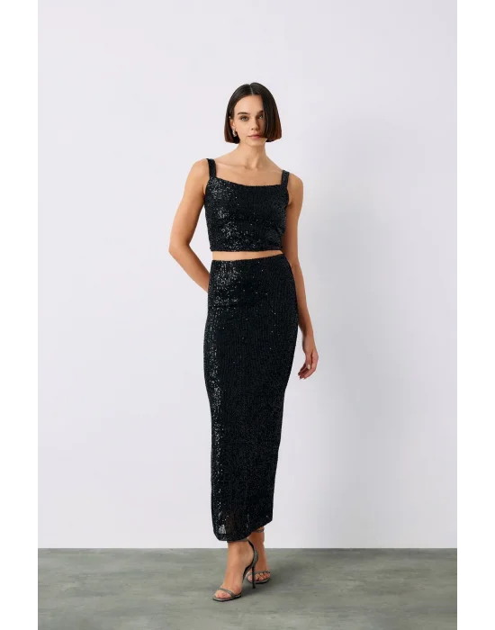 Pul Payetli Midi Etek - SİYAH