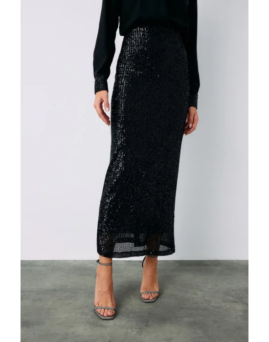 Pul Payetli Midi Etek - SİYAH