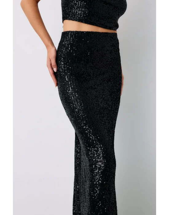 Pul Payetli Midi Etek - SİYAH