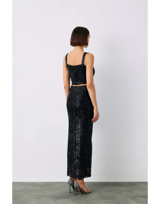 Pul Payetli Midi Etek - SİYAH