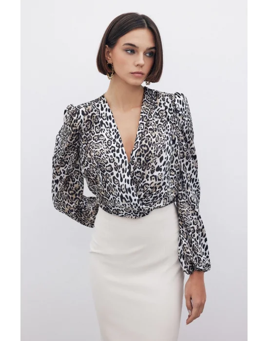 Leopar Desenli Bodysuit - SİYAH
