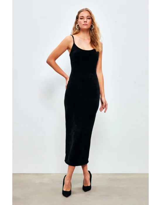Askılı Kadife Midi Elbise - SİYAH
