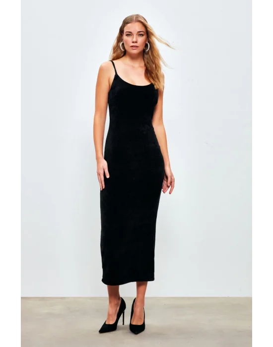 Askılı Kadife Midi Elbise - SİYAH