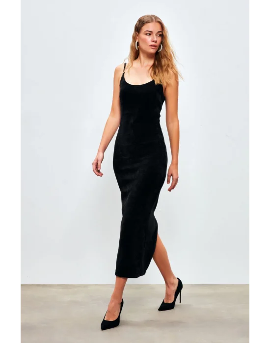 Askılı Kadife Midi Elbise - SİYAH