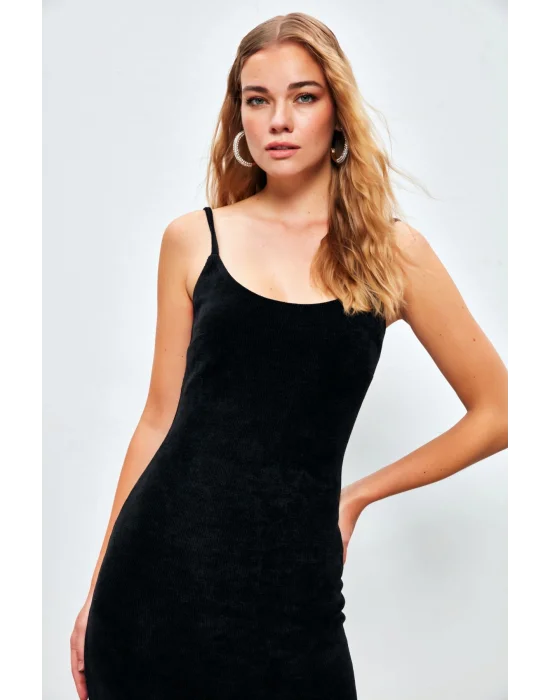 Askılı Kadife Midi Elbise - SİYAH