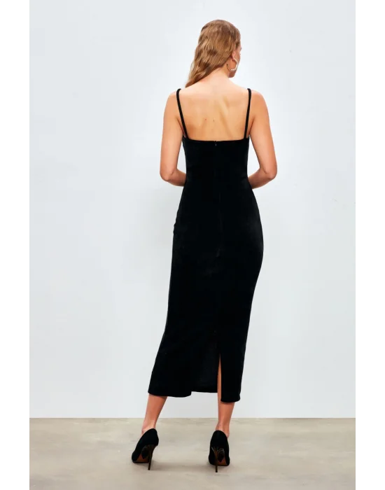 Askılı Kadife Midi Elbise - SİYAH