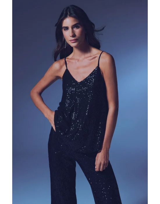 Payet Detaylı Askılı Bluz - SİYAH