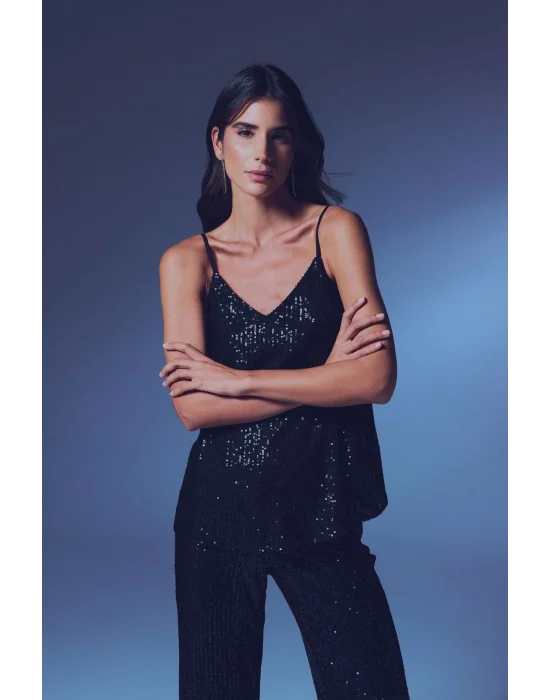 Payet Detaylı Askılı Bluz - SİYAH