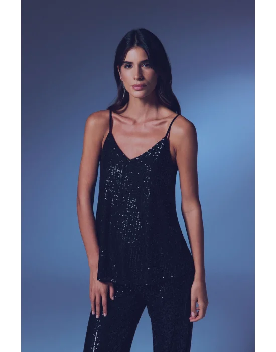 Payet Detaylı Askılı Bluz - SİYAH