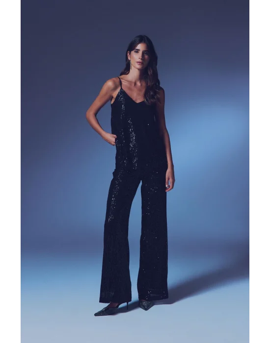 Payet Detaylı Askılı Bluz - SİYAH