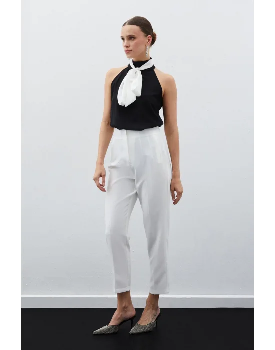 Yüksek Bel Pensli Pantolon - Ekru