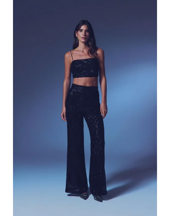 Payetli Salaş Pantolon - Siyah