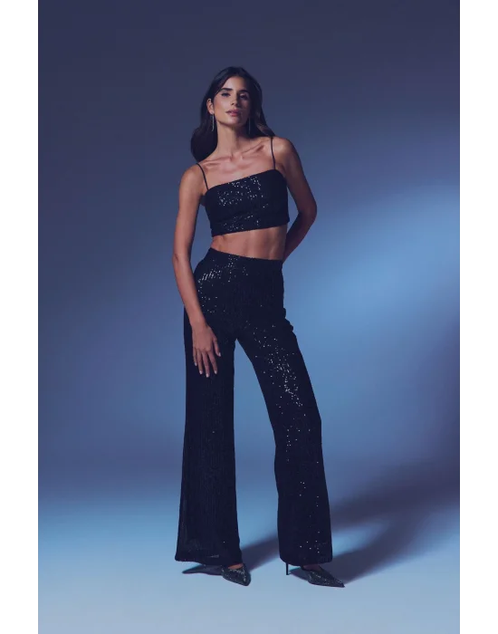 Payetli Salaş Pantolon - Siyah
