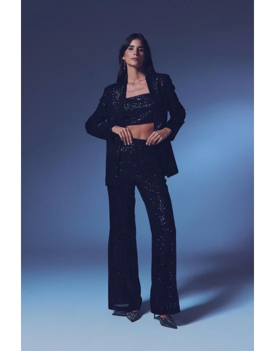 Payetli Salaş Pantolon - Siyah