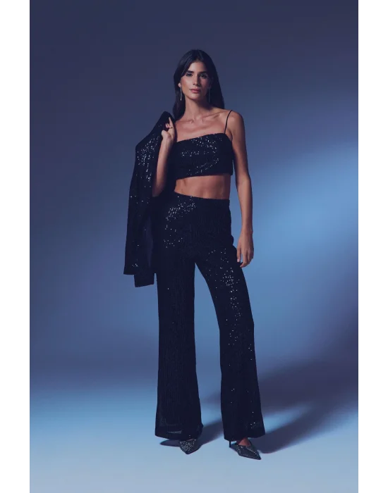 Payetli Salaş Pantolon - Siyah