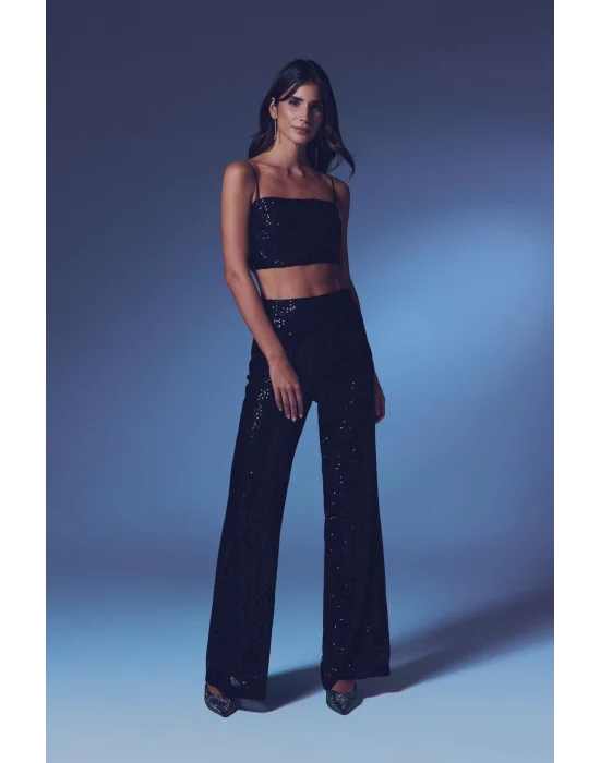 Payetli Salaş Pantolon - Siyah