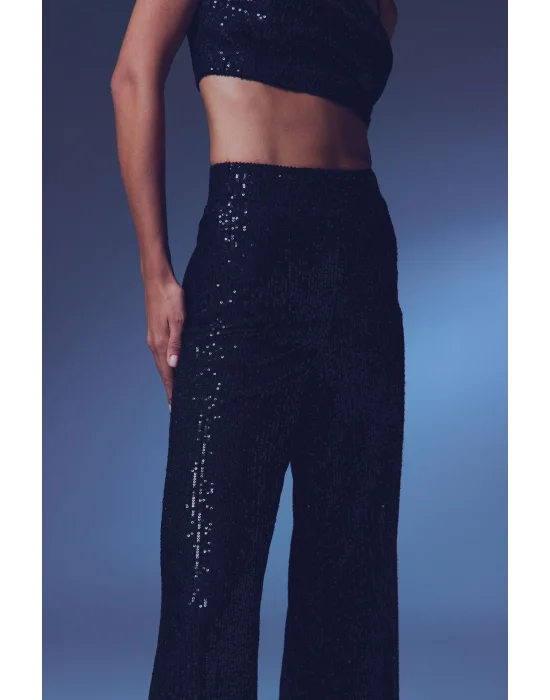 Payetli Salaş Pantolon - Siyah
