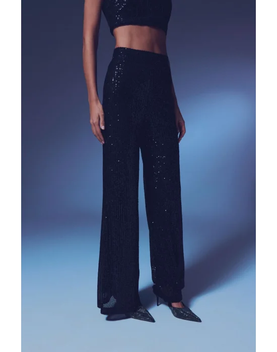 Payetli Salaş Pantolon - Siyah