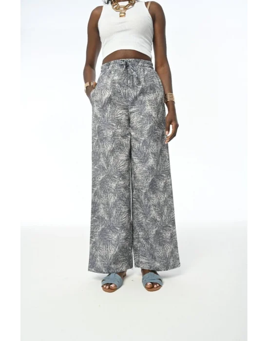 KADIN DESENLİ LACİVERT BELİ LASTİKLİ BOL PAÇA PANTOLON