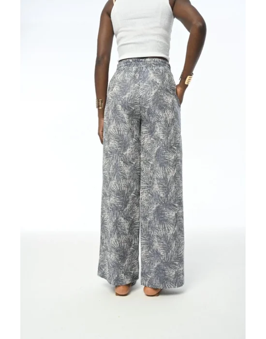 KADIN DESENLİ LACİVERT BELİ LASTİKLİ BOL PAÇA PANTOLON