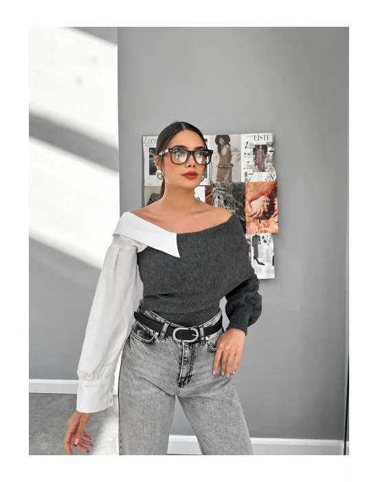 Gömlek Detaylı Triko Bluz Kazak