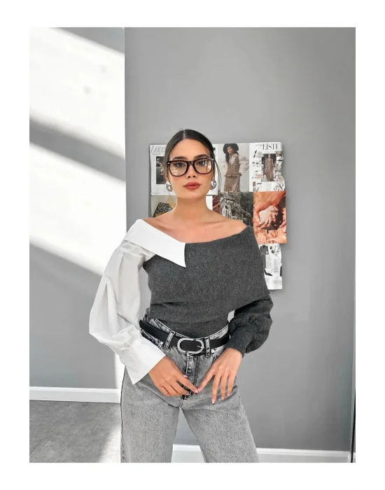 Gömlek Detaylı Triko Bluz Kazak