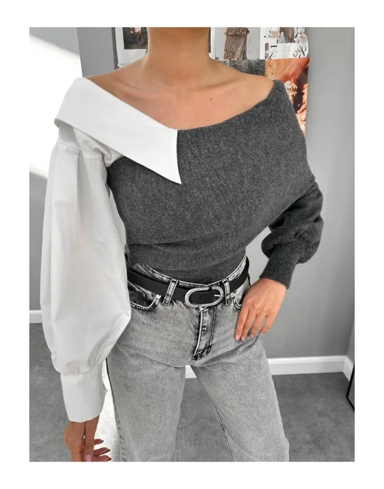 Gömlek Detaylı Triko Bluz Kazak