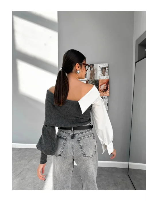 Gömlek Detaylı Triko Bluz Kazak