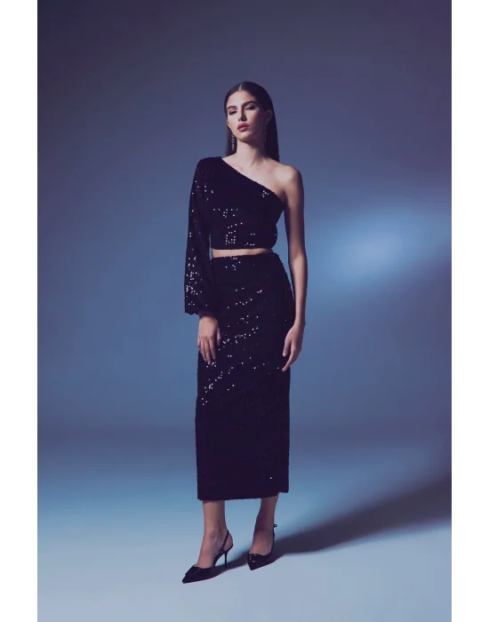 Kadife   Payetli Midi Etek -Siyah