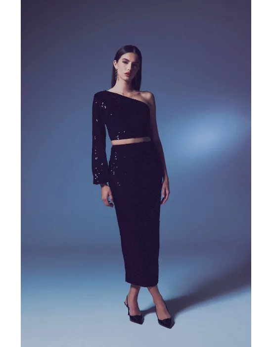 Kadife   Payetli Midi Etek -Siyah