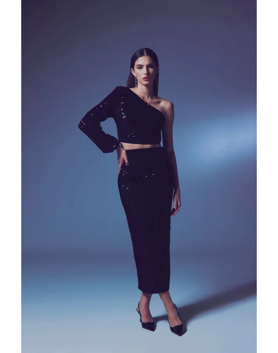 Kadife   Payetli Midi Etek -Siyah