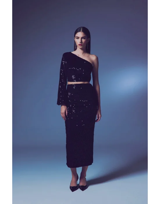 Kadife   Payetli Midi Etek -Siyah