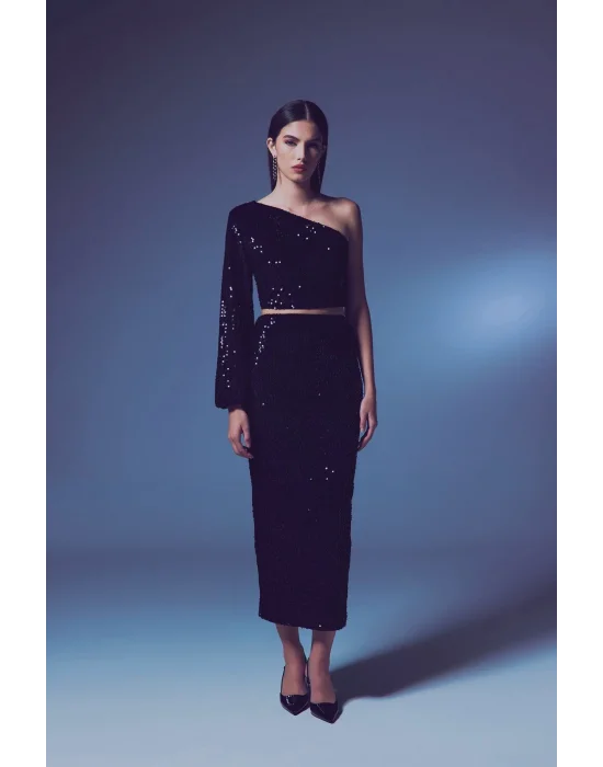 Kadife   Payetli Midi Etek -Siyah