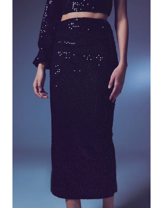 Kadife   Payetli Midi Etek -Siyah