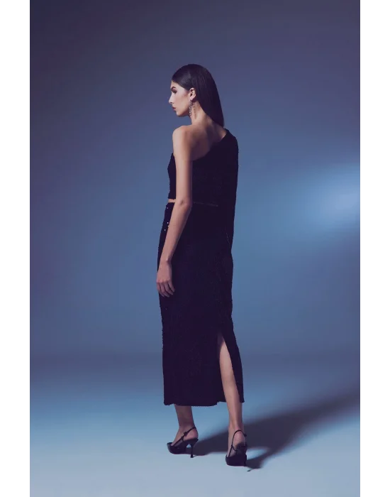 Kadife   Payetli Midi Etek -Siyah