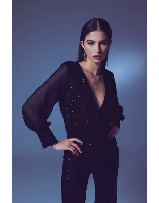 Şifon Kol Bodysuit Bluz - Siyah