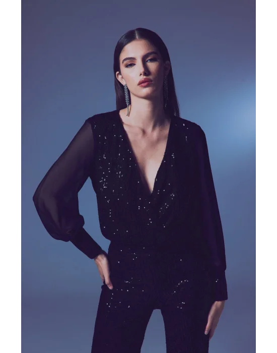 Şifon Kol Bodysuit Bluz - Siyah