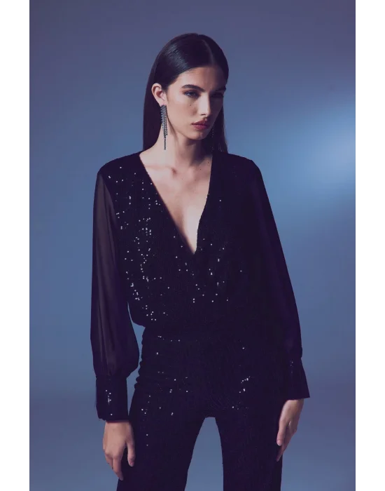 Şifon Kol Bodysuit Bluz - Siyah
