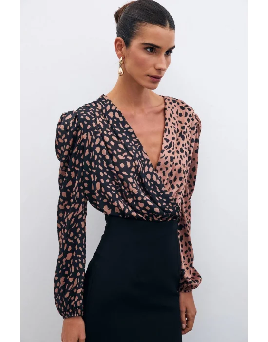 Kruvaze Desenli Bodysuit - Siyah-Camel