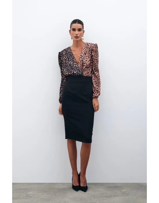 Kruvaze Desenli Bodysuit - Siyah-Camel