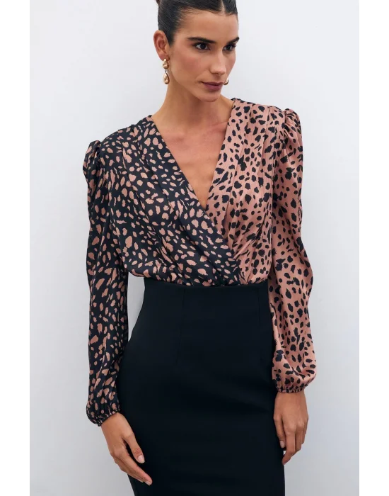 Kruvaze Desenli Bodysuit - Siyah-Camel