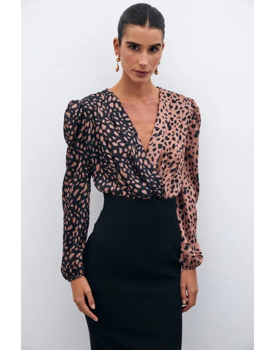 Kruvaze Desenli Bodysuit - Siyah-Camel