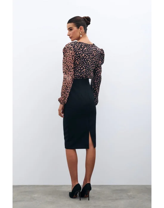 Kruvaze Desenli Bodysuit - Siyah-Camel