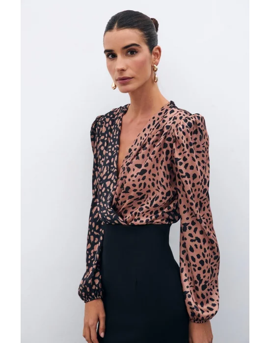 Kruvaze Desenli Bodysuit - Siyah-Camel