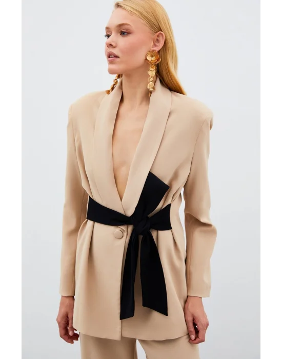 Beli Kuşaklı Uzun Ceket - BEJ